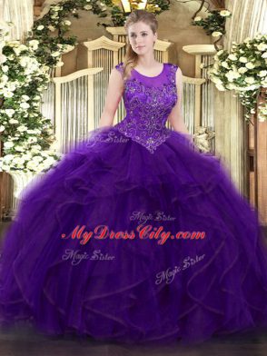Purple 15 Quinceanera Dress Military Ball and Sweet 16 and Quinceanera with Beading and Ruffles Scoop Sleeveless Zipper