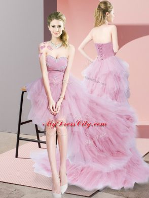Classical Baby Pink A-line Sweetheart Sleeveless Tulle High Low Lace Up Beading