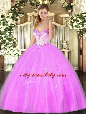 Trendy Floor Length Lilac Sweet 16 Quinceanera Dress Tulle Sleeveless Beading