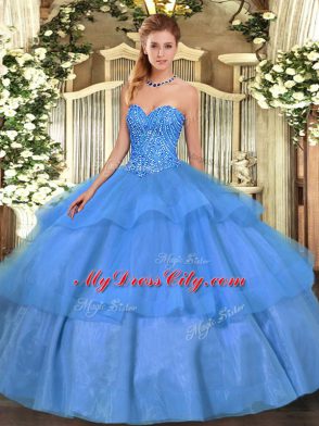 Baby Blue Sleeveless Floor Length Beading and Ruffled Layers Lace Up Sweet 16 Quinceanera Dress