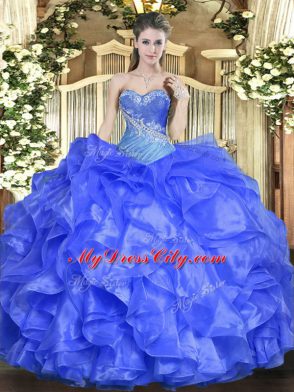 Blue Organza Lace Up Sweetheart Sleeveless Floor Length Sweet 16 Dresses Beading and Ruffles