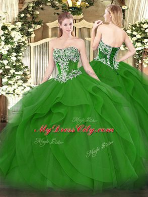 Ball Gowns 15th Birthday Dress Green Strapless Tulle Sleeveless Floor Length Lace Up