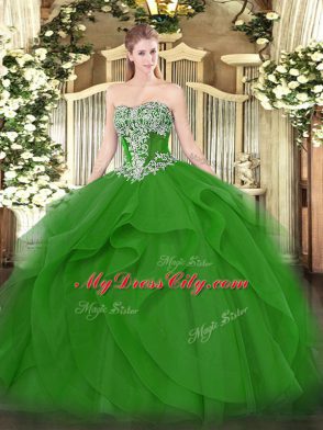 Ball Gowns 15th Birthday Dress Green Strapless Tulle Sleeveless Floor Length Lace Up