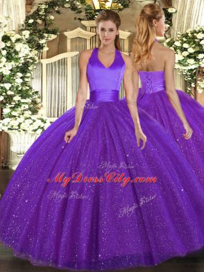 Affordable Tulle Halter Top Sleeveless Lace Up Sequins Quinceanera Dress in Purple