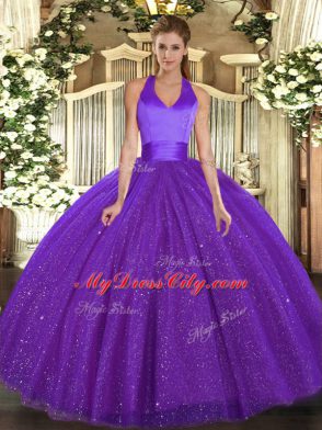 Affordable Tulle Halter Top Sleeveless Lace Up Sequins Quinceanera Dress in Purple