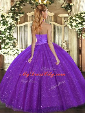 Affordable Tulle Halter Top Sleeveless Lace Up Sequins Quinceanera Dress in Purple
