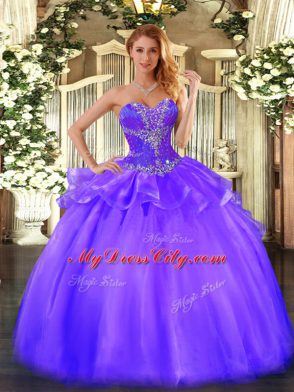 Purple Tulle Lace Up Sweet 16 Quinceanera Dress Sleeveless Floor Length Beading