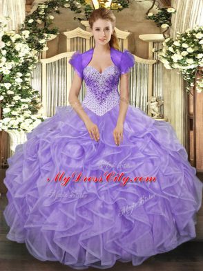 Floor Length Lavender Quinceanera Dresses Organza Sleeveless Beading and Ruffles