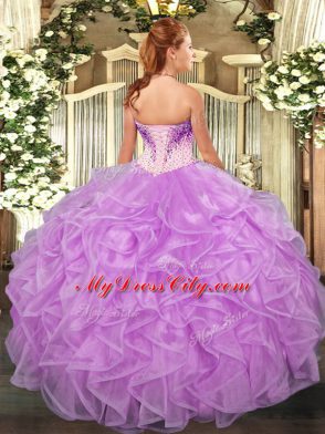 Floor Length Lavender Quinceanera Dresses Organza Sleeveless Beading and Ruffles