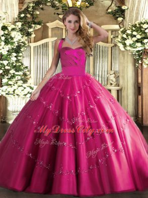 Hot Pink Lace Up Halter Top Appliques Sweet 16 Dress Tulle Sleeveless