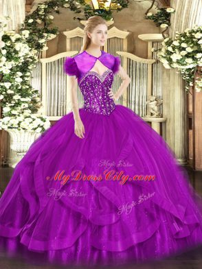 Admirable Fuchsia Sleeveless Beading and Ruffles Floor Length Quinceanera Dresses