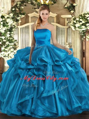 Great Floor Length Lace Up Ball Gown Prom Dress Baby Blue for Military Ball and Sweet 16 and Quinceanera with Ruffles
