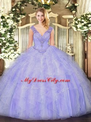 Lovely Lavender Ball Gowns Organza V-neck Sleeveless Beading and Ruffles Floor Length Lace Up Sweet 16 Dress