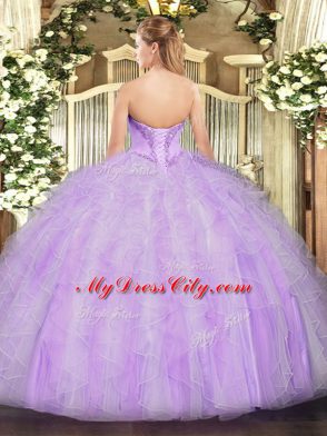 Lovely Lavender Ball Gowns Organza V-neck Sleeveless Beading and Ruffles Floor Length Lace Up Sweet 16 Dress