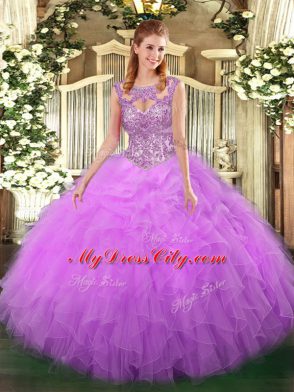 Traditional Lilac Sleeveless Beading and Ruffles Floor Length Quinceanera Gown