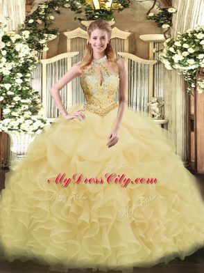 Organza Halter Top Sleeveless Lace Up Beading and Ruffles Sweet 16 Quinceanera Dress in Champagne