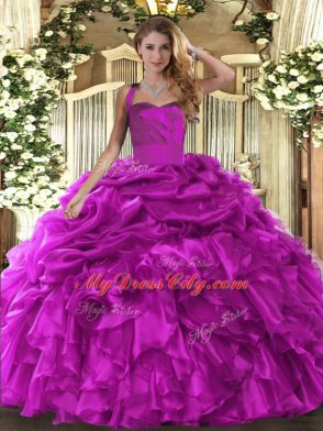 Glamorous Floor Length Ball Gowns Sleeveless Fuchsia Quince Ball Gowns Lace Up