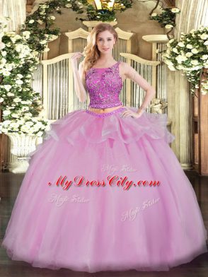 Modest Scoop Sleeveless Vestidos de Quinceanera Floor Length Beading Lilac Organza