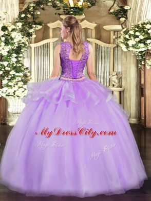 Modest Scoop Sleeveless Vestidos de Quinceanera Floor Length Beading Lilac Organza
