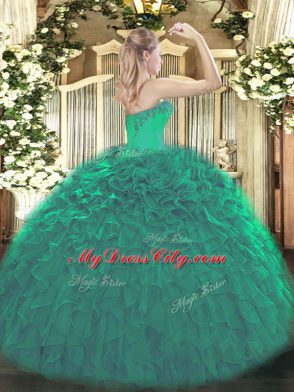 Olive Green Ball Gowns Beading and Ruffles 15th Birthday Dress Lace Up Organza Sleeveless Floor Length