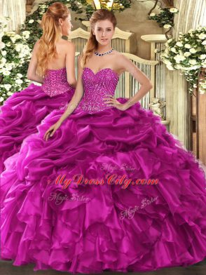 Spectacular Sleeveless Floor Length Beading and Ruffles and Pick Ups Lace Up Vestidos de Quinceanera with Fuchsia