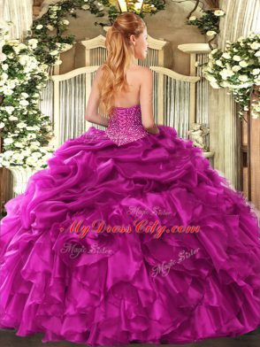 Spectacular Sleeveless Floor Length Beading and Ruffles and Pick Ups Lace Up Vestidos de Quinceanera with Fuchsia