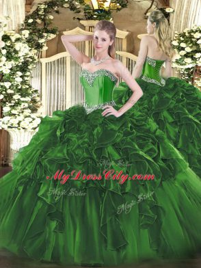 Discount Dark Green Organza Lace Up Quinceanera Gown Sleeveless Floor Length Beading and Ruffles