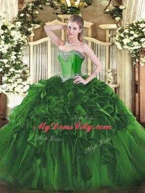Discount Dark Green Organza Lace Up Quinceanera Gown Sleeveless Floor Length Beading and Ruffles