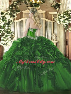 Discount Dark Green Organza Lace Up Quinceanera Gown Sleeveless Floor Length Beading and Ruffles
