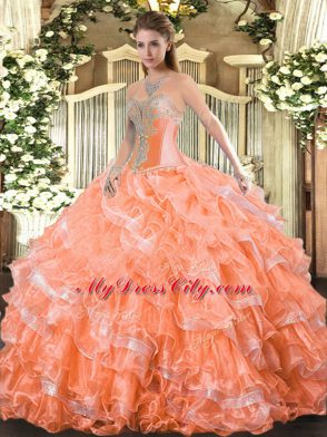 Organza Sweetheart Sleeveless Lace Up Beading and Ruffled Layers Quinceanera Gowns in Orange Red