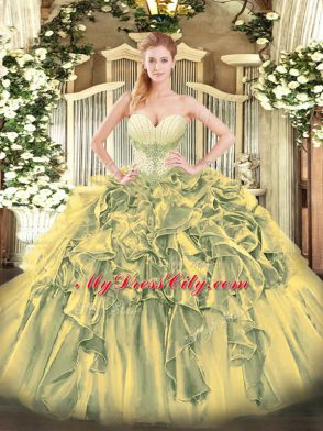 Beading and Ruffles Sweet 16 Dress Olive Green Lace Up Sleeveless Floor Length