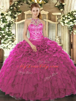 Fuchsia Sleeveless Floor Length Beading and Ruffles Lace Up Sweet 16 Dresses