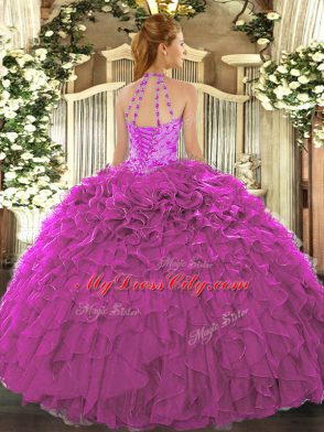 Fuchsia Sleeveless Floor Length Beading and Ruffles Lace Up Sweet 16 Dresses