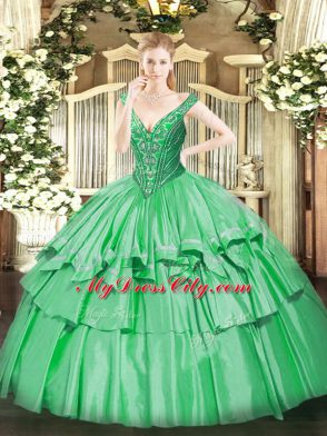 Floor Length Lace Up Quinceanera Gown Green for Military Ball and Sweet 16 and Quinceanera with Beading and Ruffled Layers