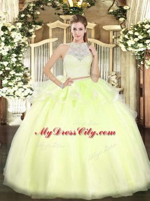 Yellow Green Two Pieces Tulle Scoop Sleeveless Lace Floor Length Zipper Quinceanera Gowns