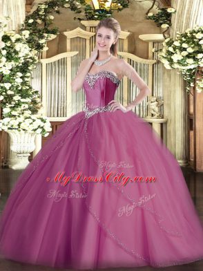 Fantastic Sweetheart Sleeveless Tulle Sweet 16 Quinceanera Dress Beading Brush Train Lace Up