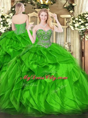 Gorgeous Sweetheart Sleeveless Sweet 16 Quinceanera Dress Floor Length Beading and Ruffles Green Organza