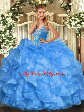 Sophisticated Baby Blue Straps Neckline Beading and Ruffles Ball Gown Prom Dress Sleeveless Lace Up