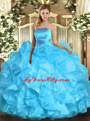 Edgy Aqua Blue Organza Lace Up Strapless Sleeveless Floor Length Quinceanera Gown Ruffles