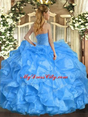 Edgy Aqua Blue Organza Lace Up Strapless Sleeveless Floor Length Quinceanera Gown Ruffles