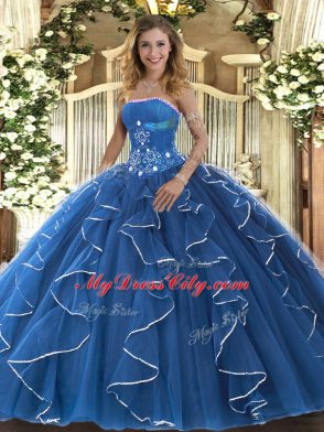 Blue Sleeveless Tulle Lace Up Quinceanera Gowns for Military Ball and Sweet 16 and Quinceanera