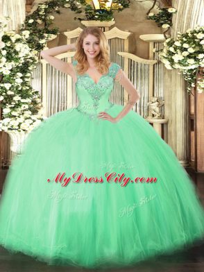 Exceptional Beading Sweet 16 Dresses Apple Green Lace Up Sleeveless Floor Length
