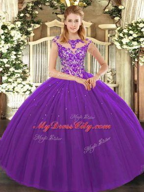 Sumptuous Eggplant Purple Scoop Neckline Beading and Appliques Quinceanera Dress Sleeveless Lace Up
