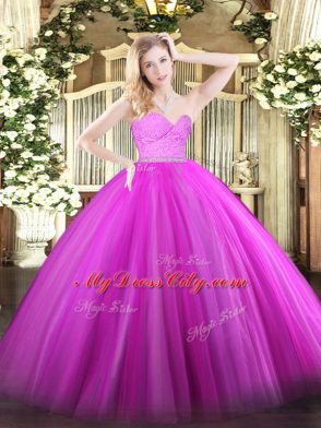 Fuchsia Zipper Sweetheart Beading and Lace Sweet 16 Quinceanera Dress Tulle Sleeveless