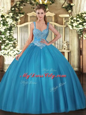 Teal Straps Lace Up Beading Ball Gown Prom Dress Sleeveless