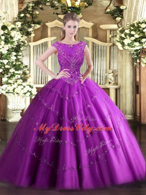 Beading and Appliques Ball Gown Prom Dress Fuchsia Zipper Sleeveless Floor Length