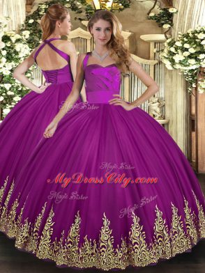 Appliques Quinceanera Gowns Fuchsia Lace Up Sleeveless Floor Length