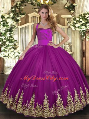 Appliques Quinceanera Gowns Fuchsia Lace Up Sleeveless Floor Length