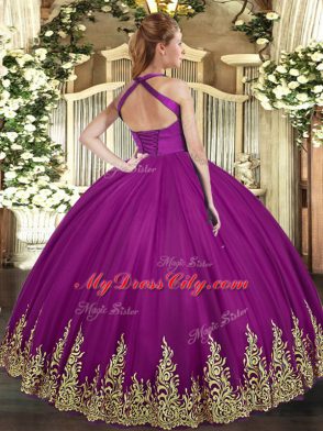 Appliques Quinceanera Gowns Fuchsia Lace Up Sleeveless Floor Length