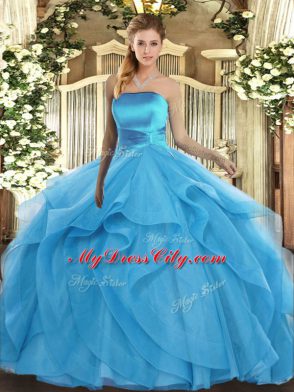 Strapless Sleeveless Tulle Quince Ball Gowns Ruffles Lace Up